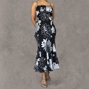 Metaphor Black and White Floral Spaghetti-Strap Midi Dress
